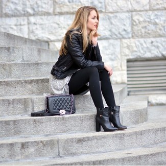Women's Black Leather Biker Jacket, Grey Swing Dress, Black Leather Ankle Boots, Black Quilted Leather Crossbody Bag