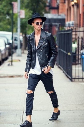 Black Hat Outfits For Men: If you're a fan of relaxed styling when it comes to your personal style, you'll appreciate this casual pairing of a black leather biker jacket and a black hat. Complement this look with a pair of black leather derby shoes to easily dial up the fashion factor of any getup.