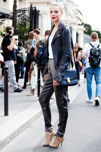 Blue Crossbody Bag Outfits: Combining a black leather biker jacket with a blue crossbody bag is a great choice for a casual getup. If you need to effortlessly perk up your look with footwear, add a pair of tan leather pumps to this look.