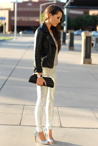 Charcoal Tank Outfits For Women: Chic yet practical, this ensemble features a charcoal tank and silver sequin skinny pants. To give this ensemble a classier finish, why not slip into a pair of silver embellished leather pumps?