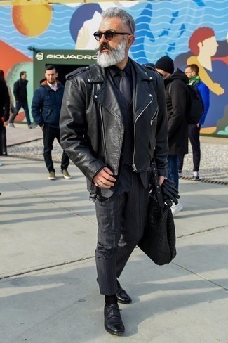 Men's Black Leather Biker Jacket, Navy Vertical Striped Three Piece Suit, Navy Dress Shirt, Black Leather Derby Shoes