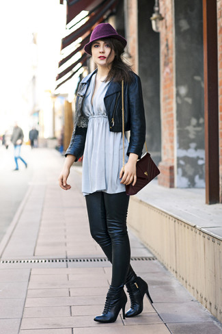 Light Violet Hat Outfits For Women: This combination of a black leather biker jacket and a light violet hat is solid proof that a safe casual ensemble can still be really interesting. Why not take a classier approach with shoes and complete your getup with a pair of black leather ankle boots?