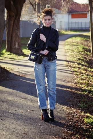 Navy Boyfriend Jeans Outfits: This combination of a black leather biker jacket and navy boyfriend jeans combines comfort and fashion. To add some extra fanciness to this ensemble, complete this ensemble with a pair of black leather lace-up ankle boots.