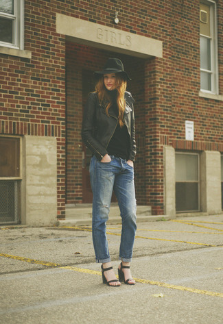 Black Wool Hat Outfits For Women: Marry a black leather biker jacket with a black wool hat to be both stylish and relaxed. Complete your outfit with a pair of black leather heeled sandals to effortlessly amp up the glamour factor of any ensemble.