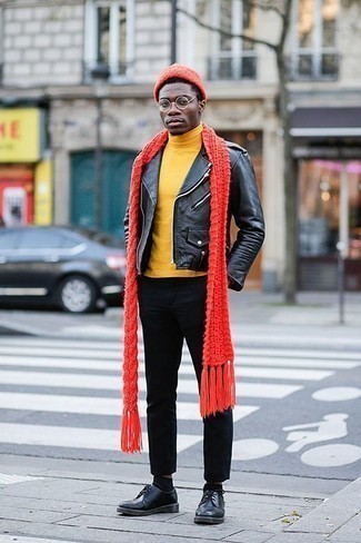 Mustard Turtleneck Outfits For Men: This combo of a mustard turtleneck and black chinos is very easy to replicate and so comfortable to rock from dawn till dusk as well! On the shoe front, go for something on the dressier end of the spectrum and round off this look with black leather derby shoes.