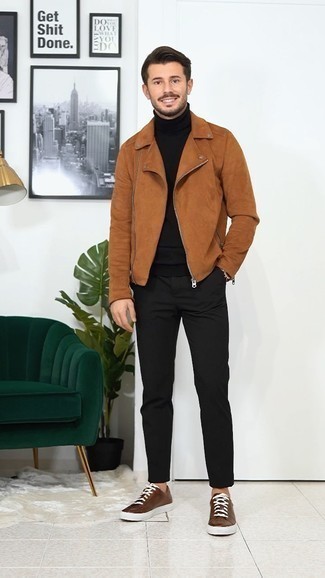 Black Wool Turtleneck Outfits For Men: If you feel more confident in practical clothes, you'll love this dapper combination of a black wool turtleneck and black chinos. If you want to effortlessly play down your ensemble with footwear, complement this outfit with a pair of brown leather low top sneakers.