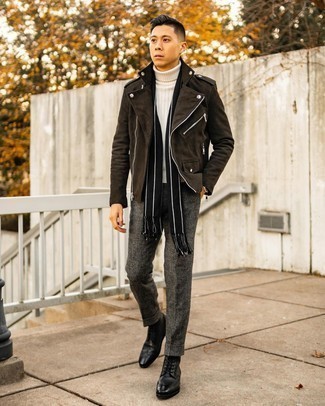 Grey Wool Chinos Outfits: This casual combo of a dark brown suede biker jacket and grey wool chinos is a tested option when you need to look nice in a flash. A pair of black leather brogue boots will put a different spin on an otherwise mostly dressed-down outfit.