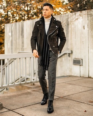 Black Leather Brogue Boots Outfits: Such must-haves as a black suede biker jacket and charcoal wool chinos are the ideal way to infuse some cool into your daily casual rotation. If you feel like playing it up a bit now, introduce a pair of black leather brogue boots to your look.