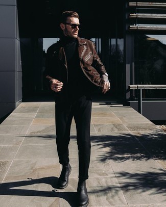 Black Socks Smart Casual Outfits For Men: A dark brown suede biker jacket and black socks are a savvy look to carry you throughout the day and into the night. Play down the casualness of this outfit by finishing off with black leather chelsea boots.