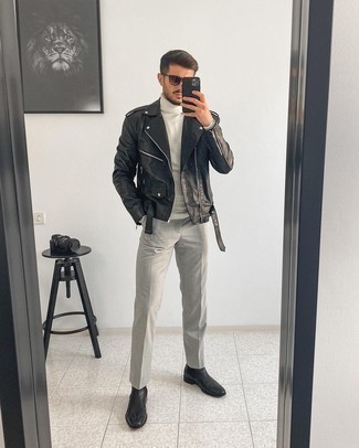 Grey Sunglasses Outfits For Men: If you're a fan of comfort dressing, why not opt for this combo of a black leather biker jacket and grey sunglasses? To add a bit of depth to your look, add black leather chelsea boots to the equation.