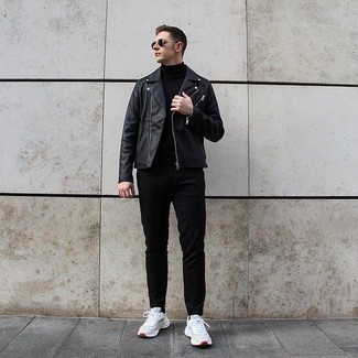 Black Chinos Warm Weather Outfits: Consider wearing a black leather biker jacket and black chinos to achieve a casually stylish ensemble. Get a little creative in the shoe department and dial down your outfit by rocking a pair of white athletic shoes.
