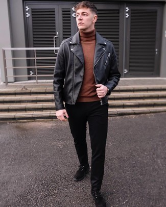Brown Turtleneck Outfits For Men: A brown turtleneck and black chinos are a nice outfit to take you throughout the day. Rounding off with a pair of black suede derby shoes is the simplest way to give a hint of sophistication to this outfit.
