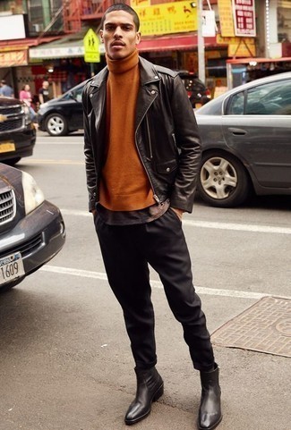 Mustard Turtleneck Outfits For Men: This combination of a mustard turtleneck and black chinos is super versatile and really up for whatever's on your to-do list today. Feeling adventerous today? Spice up your outfit by slipping into black leather chelsea boots.