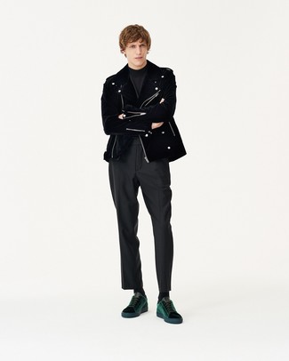 Black Suede Biker Jacket Outfits For Men: Combining a black suede biker jacket with black dress pants is an on-point option for a casually stylish outfit. Go ahead and introduce dark green velvet low top sneakers to the mix for a touch of stylish casualness.