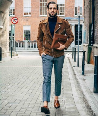Dark Brown Suede Biker Jacket Outfits For Men: This getup clearly illustrates that it is totally worth investing in such menswear pieces as a dark brown suede biker jacket and grey dress pants. Want to go all out when it comes to footwear? Add brown leather loafers.