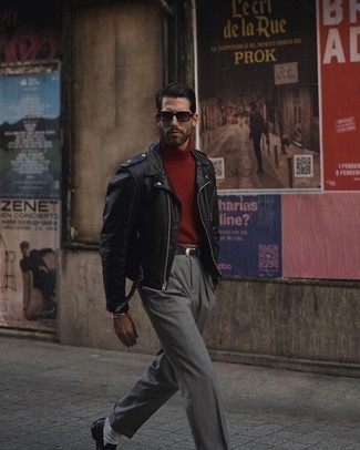 Grey Sunglasses Outfits For Men: For a casually cool getup, reach for a black leather biker jacket and grey sunglasses — these two items fit beautifully together. Complement this getup with black leather loafers to immediately boost the style factor of any ensemble.