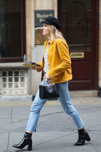 Yellow Suede Biker Jacket Outfits For Women: This casual combination of a yellow suede biker jacket and light blue jeans is super easy to throw together without a second thought, helping you look amazing and prepared for anything without spending a ton of time digging through your wardrobe. Black leather ankle boots will add an instant sultry vibe to this outfit.