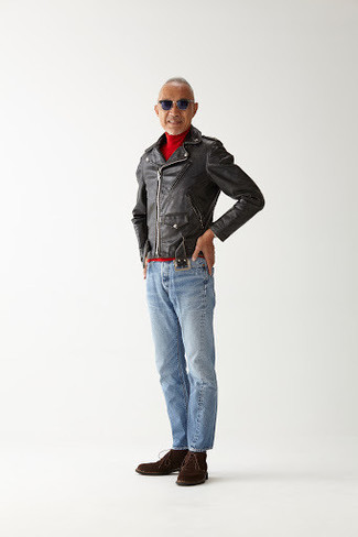 Men's Black Leather Biker Jacket, Red Turtleneck, Light Blue Jeans, Dark Brown Suede Desert Boots