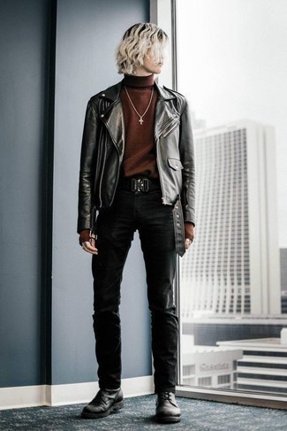 Dark Brown Turtleneck Outfits For Men: A dark brown turtleneck and black jeans are an easy way to inject toned down dapperness into your off-duty styling rotation. Give a more sophisticated twist to your look by rounding off with black leather casual boots.