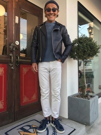 Men's Black Leather Biker Jacket, Blue Wool Turtleneck, White Jeans, Navy and White Canvas Low Top Sneakers
