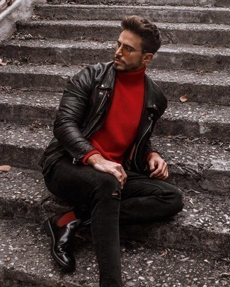 Red Wool Turtleneck Outfits For Men: Combining a red wool turtleneck with black ripped jeans is an awesome idea for a casually dapper look. Black leather chelsea boots are a guaranteed way to infuse a dash of class into your look.
