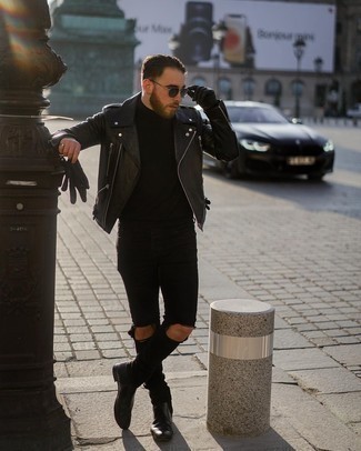 Black Turtleneck Warm Weather Outfits For Men: If you're on a mission for an off-duty and at the same time sharp outfit, consider pairing a black turtleneck with black ripped jeans. For footwear, you could follow the classic route with a pair of black leather chelsea boots.