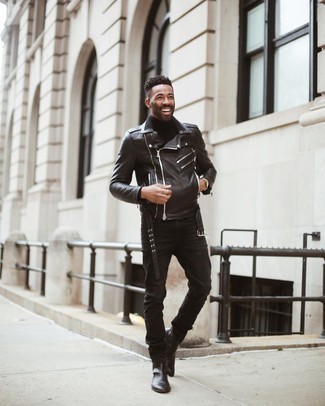 Gold Bracelet Outfits For Men: A black leather biker jacket and a gold bracelet are a cool combo to have in your casual styling repertoire. And if you wish to instantly lift up this ensemble with one single item, complement your look with black leather chelsea boots.
