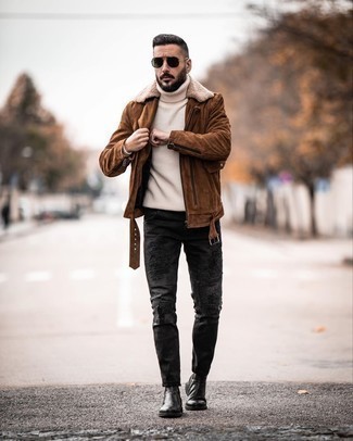 Dark Brown Suede Biker Jacket Outfits For Men: A dark brown suede biker jacket and charcoal ripped jeans paired together are the ideal combination for gentlemen who appreciate laid-back ensembles. For something more on the elegant end to round off your look, add a pair of black leather chelsea boots to the mix.