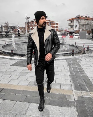 Black Leather Casual Boots Outfits For Men: A black and white leather biker jacket and black ripped jeans are a good look to have in your current off-duty rotation. Add a pair of black leather casual boots to the equation to easily ramp up the wow factor of any ensemble.