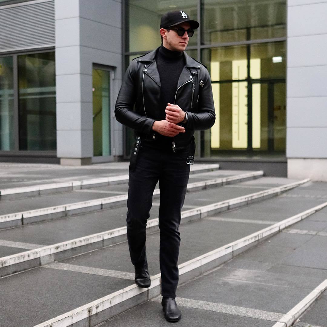 Mock Neck Leather Jacket Men's