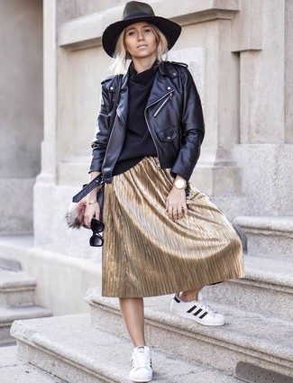 Women's Black Leather Biker Jacket, Black Turtleneck, Gold Pleated Midi Skirt, White and Black Leather Low Top Sneakers