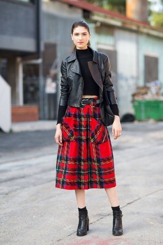 Red and Navy Plaid Midi Skirt Outfits: If you don't like putting too much effort into your combinations, wear a black leather biker jacket and a red and navy plaid midi skirt. Grab a pair of black leather ankle boots to immediately up the chic factor of your look.