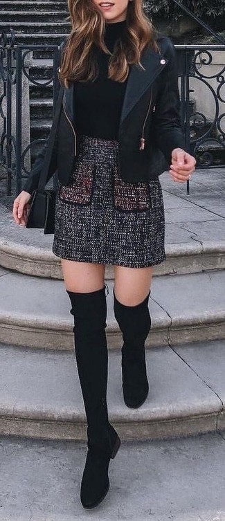 Charcoal Tweed Mini Skirt Outfits: Pairing a black leather biker jacket with a charcoal tweed mini skirt is an on-point idea for a casually stylish ensemble. Our favorite of a great number of ways to round off this outfit is a pair of black suede over the knee boots.
