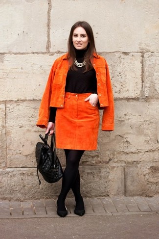 Orange Suede Biker Jacket Outfits For Women: An orange suede biker jacket and an orange suede pencil skirt are wonderful staples that will integrate wonderfully within your daily casual lineup. A pair of black suede ballerina shoes introduces a more dressed-down aesthetic to the look.