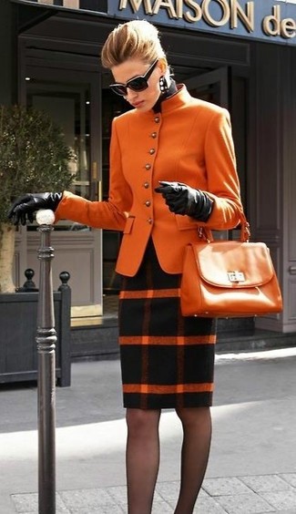 Women's Orange Wool Biker Jacket, Black Turtleneck, Black Plaid Wool Pencil Skirt, Orange Leather Satchel Bag