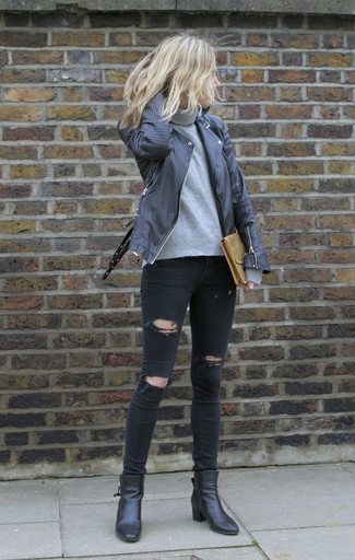 Gold Leather Clutch Chill Weather Outfits: This is solid proof that a black leather biker jacket and a gold leather clutch look amazing when paired up in a laid-back ensemble. And if you need to effortlessly bump up this ensemble with one item, why not introduce a pair of black leather ankle boots to the mix?