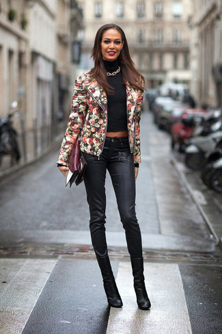 Women's Multi colored Floral Biker Jacket, Black Turtleneck, Black Leather Skinny Jeans, Black Leather Mid-Calf Boots