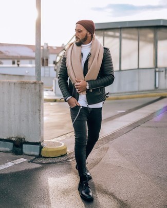 Charcoal Skinny Jeans Outfits For Men: If you enjoy a more laid-back approach to fashion, why not rock a black quilted leather biker jacket with charcoal skinny jeans? Finishing off with black leather derby shoes is a guaranteed way to add some extra zing to your ensemble.