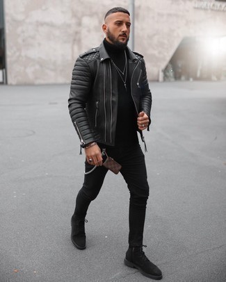 Men's Black Quilted Leather Biker Jacket, Black Wool Turtleneck, Black Skinny Jeans, Black Suede Casual Boots