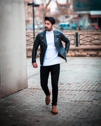 Navy Leather Biker Jacket Outfits For Men: If you're looking for a bold casual and at the same time dapper outfit, consider pairing a navy leather biker jacket with black skinny jeans. For a smarter feel, complement your getup with brown suede chelsea boots.