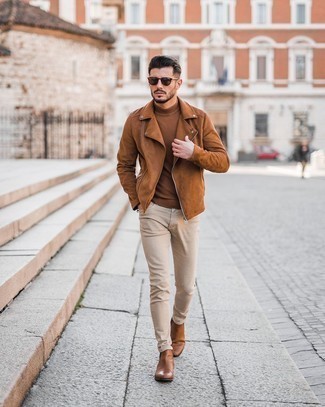 Beige Skinny Jeans Outfits For Men: This combination of a tobacco suede biker jacket and beige skinny jeans speaks comfort casual urban style. Finishing with brown leather chelsea boots is an easy way to give an extra dose of sophistication to this look.