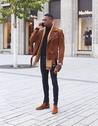 Dark Brown Suede Biker Jacket Outfits For Men: For a casual look, opt for a dark brown suede biker jacket and black skinny jeans — these pieces go perfectly well together. Balance this look with a more polished kind of footwear, such as this pair of tobacco suede chelsea boots.