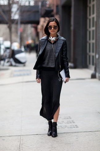 Women's Black Leather Biker Jacket, Charcoal V-neck Sweater, Black Slit Maxi Skirt, Black Leather Ankle Boots