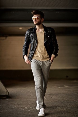 Men's Black Leather Biker Jacket, Tan V-neck T-shirt, Grey Chinos, White Canvas Low Top Sneakers