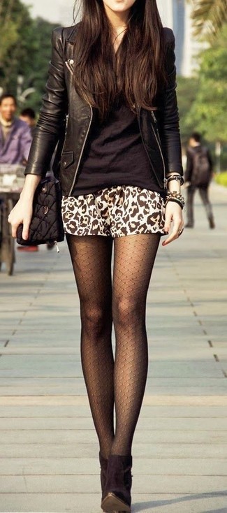 Women's Black Leather Biker Jacket, Black V-neck T-shirt, Tan Leopard Mini Skirt, Black Suede Ankle Boots