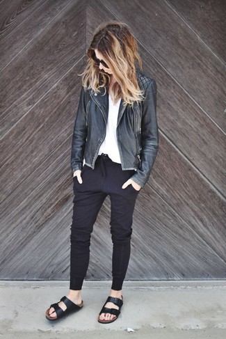 Women's Black Quilted Leather Biker Jacket, White V-neck T-shirt, Black Sweatpants, Black Leather Flat Sandals