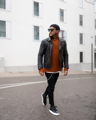 Black Quilted Leather Biker Jacket Outfits For Men: Go for a black quilted leather biker jacket and black ripped skinny jeans to put together an off-duty and absolutely dapper outfit. Introduce black leather low top sneakers to the equation to make the outfit slightly classier.