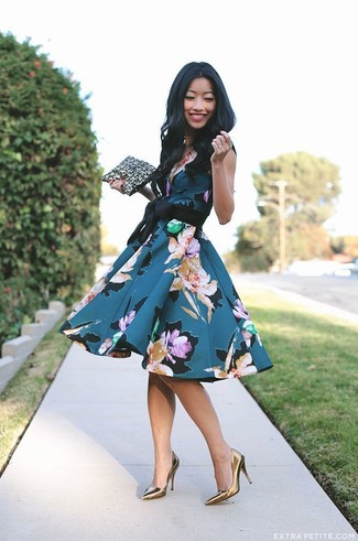 Teal Floral Fit and Flare Dress Outfits: 