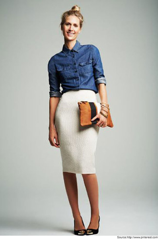 Women's Tan Leather Clutch, Black and Gold Suede Pumps, White Pencil Skirt, Blue Denim Shirt