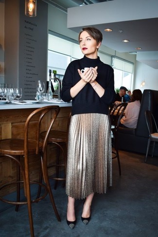 Gold Pleated Midi Skirt Outfits: 